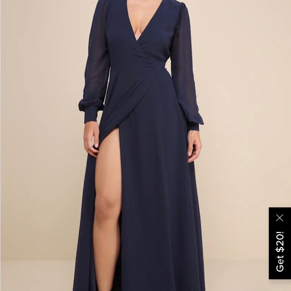 Navy Blue Long Sleeve Wrap Dress | Lulu’s (XL)